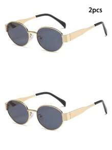 2pcs/Set Metal-Framed Oval-Shaped Retro And Fashionable Glasses Are Popular In Europe And America. They Are Suitable For Men And Women To Use Daily In Summer And Wear When Traveling To The Beach
