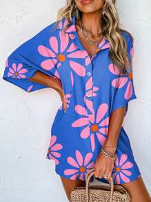 Acelitt Mono holgado de camisa con estampado de flores azul de verano, cuello camisa y botones frontales