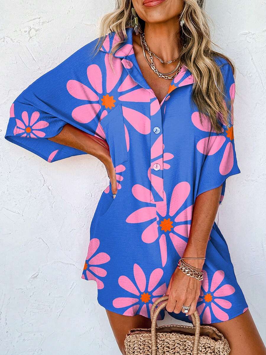 Acelitt Mono holgado de camisa con estampado de flores azul de verano, cuello camisa y botones frontales