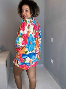 Conjunto Kimono e Short Saia estampado   Floral    Casual    Tecido