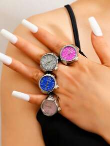 Bộ đồng hồ và nhẫn kiểu Gothic phương Tây, màu bạc sáng bóng nhiều màu sắc, dây đeo co giãn có thể điều chỉnh, thích hợp cho nữ giới và các cặp đôi đeo hàng ngày, bộ trang sức đồng hồ và nhẫn thời trang dành cho nữ với các màu hồng, xanh dương, tím, xanh lá cây, đỏ, vàng. - Nhẫn tròn bạc - Xem 3