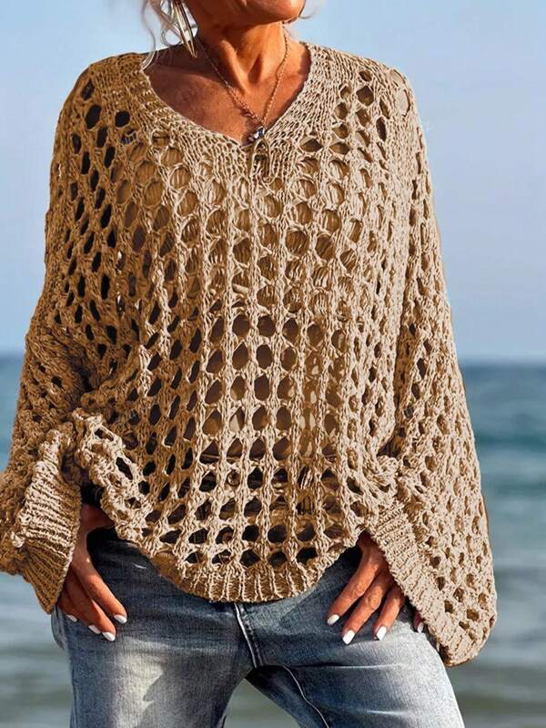Femme grande taille Couleur unie Tricot Pullover grande taille, Top couvrant de style bohème décontracté plage vacances manches longues ajouré, Printemps/Été
