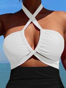 Traje De Baño De Una Pieza Para Mujer Con Correa De Cuello Halter,Para Vacaciones En La Playa - Blanco - Ver 2