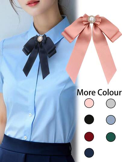 1pc Women Casual Solid Color Pink/Black/Blue Faux Pearl Bow Tie Brooch For Dating, Party, Wedding, Stage