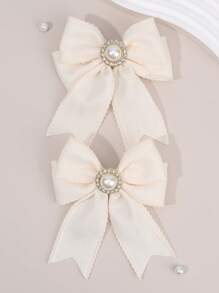 2 piezas Pinzas para el cabello con lazo en beige para niñas, decoradas con encaje, perlas y rhinestone, accesorios para el cabello de moda para uso diario de niñas