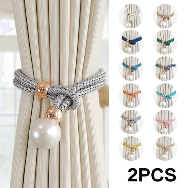 2 pièces Embrasses de rideaux avec perles artificielles, design minimaliste moderne en corde de polyester tressée à la main avec perles artificielles. Convient pour la décoration du salon, de la chambre à coucher, embrasses de rideaux, apportant une touche chaleureuse à votre maison