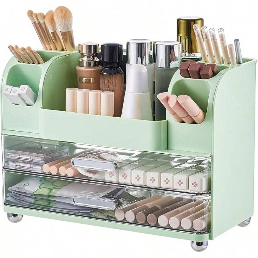 Makeup Organizer-Makeup Organizer Vanity With 2 Large Drawers, Cosmetic Display With Holders, Easy To Storage Bathroom Countertop Skincare, Desk Office Supplies, White - 綠色 - 查看 1