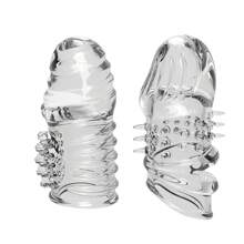 Funda de pene con 2 tallas transparentes diferentes, juguete sexual masculino, producto sexy SM. Funda de pene transparente con partículas suaves. Funda de pene de silicona con vaina extendida. Anillo de pene con estiramiento esférico, reutilizable, funda de pene realista, juguete sexual para adultos, pareja, estimulación de la vagina femenina para mejorar el placer sexual, funda de pene de 4 cm de largo para hombres, juguete sexual para parejas