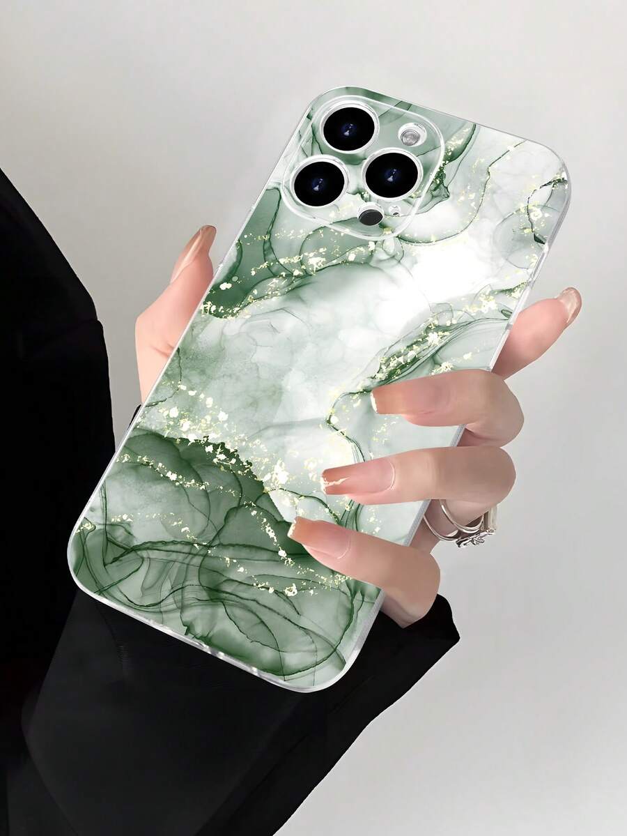 1 Pc Green Marble Printed 2D Pattern Stylish High-End Refreshing Summer Green Marble Style Suitable As Gift For Colleagues, Friends, Family, Couples, Birthday, Festivals. Transparent Soft Case With Full Protection, Dust/Water Resistant Compatible With IPhone 16/15/14/13/12/11/Pro/ProMax/X/XR/XS/XSMax/7/8/PLUS And Models,International Version, Not The Domestic Version - Clear - View 1