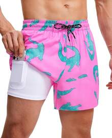 Mens Swim Trunks With Compression Lined Short Bathing Suits For Men 5 Inch Inseam Liner Men's Swimming Trunk - Pink Crocodiles - View 1