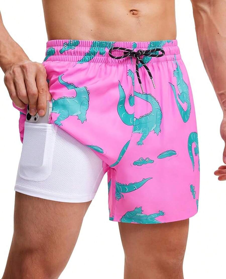 Mens Swim Trunks With Compression Lined Short Bathing Suits For Men 5 Inch Inseam Liner Men's Swimming Trunk - Pink Crocodiles - View 1