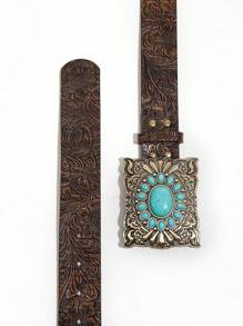 1pc Women's Fashion Embossed Bohemian Style Rhinestone Decor Belt