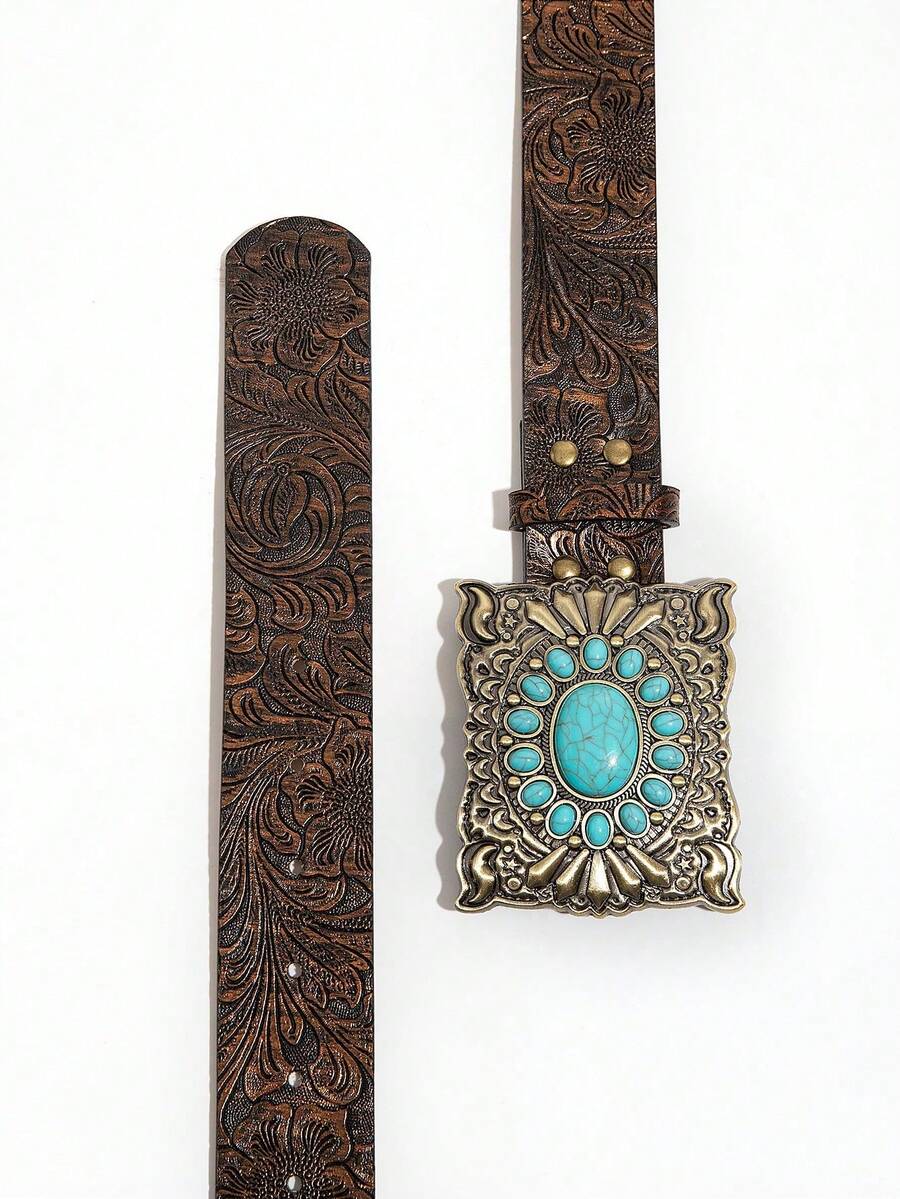 1 pieza Cinturón de mujer de moda con estilo bohemio, decorado con relieve y cristales - Bronce - Ver 1