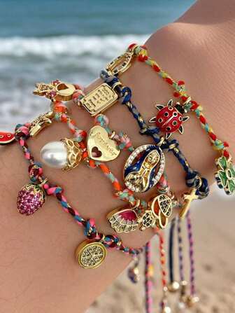 1pc Religion Vacation Style Fashion Colorful Copper Inlaid Synthetic Zirconia Oil Drop Insect Portrait Letters Heart Fruit Shell Cross Watermelon Faux Pearl Braided Bracelet Women Beach Vacation Daily Party Wear Christmas Gift For Friends And Sisters ( Pendant Size: 1cm–2cm)