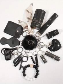 1 set de 15 pièces Porte-clés à strass pour femme - Porte-clés avec sangle de poignet, sac de rangement et accessoires de porte-carte à pompon. Kit d'accessoires de sac, de voiture