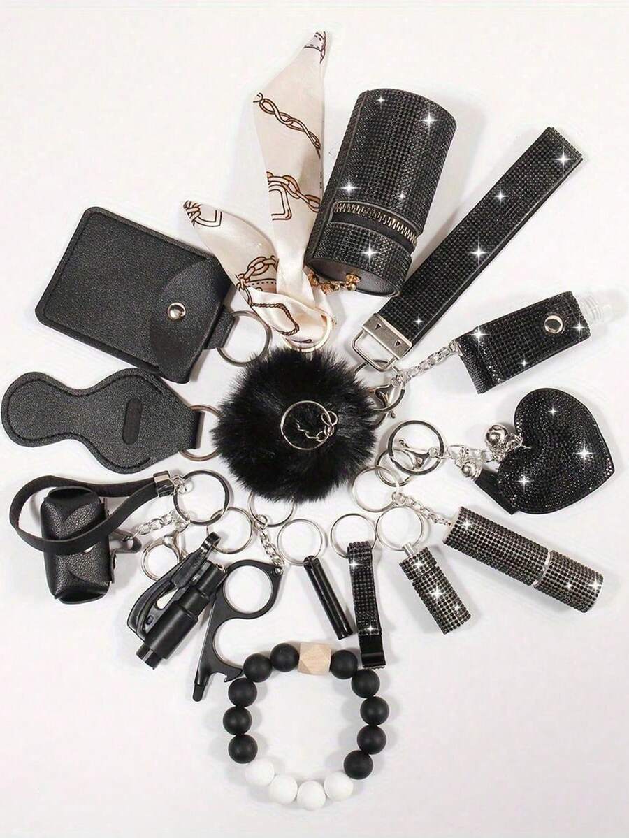 15pcs/Set Women's Rhinestone Keychain Set - Wrist Strap Keychain With Storage Bag And Pom Pom Cardcase Accessories Kit Car Accessories Bag Charm - Multicolor - View 1