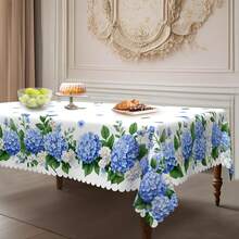 1pc Hydrangea Floral Round Tablecloth - Polyester Material, Watercolor Blue Floral Design, Suitable For Spring/Summer Picnic, Dinner Party And June Celebration Decoration, Standard Size (55"X70", 60"X60", 60"X86"), Outdoor Tablecloth, Picnic Table Cover, Elegant Dining Table Decor, Polyester Fabric, Easy Care Material, Home Decoration, Event Styling