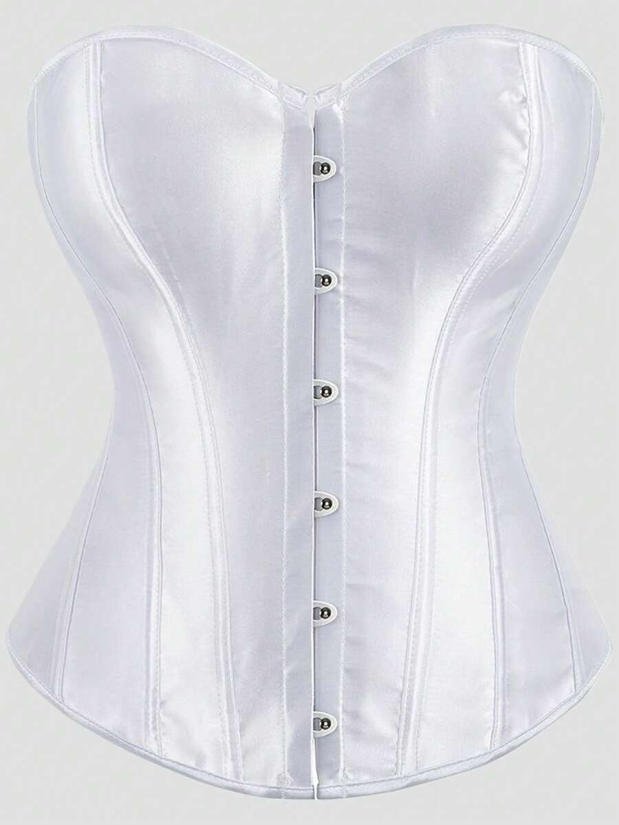1pc White Vintage Satin Heart Neck Bustier Top, Front Button Back Tie Design, Elegant Sexy Off-Shoulder Bodysuit, Suitable For Valentine's Day, Music Festival, Wedding, Travel & Holiday