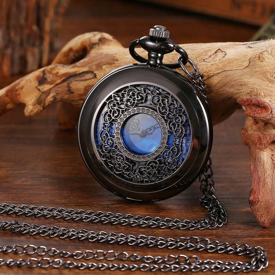 Starry Blue Dial Pendant Bronze Hollow Quartz Zakhorloge, Romeinse Cijfers Retro Horloge