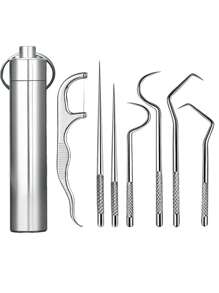 8pcs Metal Reusable Toothpicks Set, Includes 3 Long Toothpicks, 3 Short Toothpicks, 1 Dental Floss, Portable Carrying Tube. Compact Size And Lightweight Stainless Steel Design For Easy Storage In Pocket, Bag Or Travel Kit. Alternative To Disposable Options, Easy To Clean.