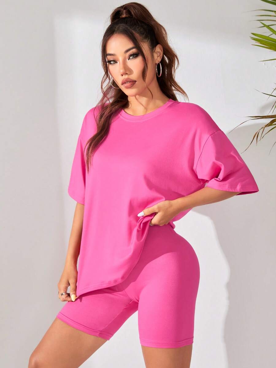 Women's Solid Color Casual Round Neck T-Shirt And Shorts Set - Hot Pink - View 1
