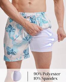 Mens Swim Trunks With Compression Lined Short Bathing Suits For Men 5 Inch Inseam Liner Men's Swimming Trunk - White Flower - View 3