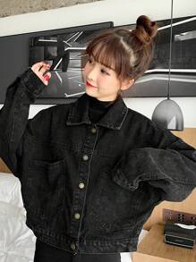 超大牛仔夹克，宽松秋季休闲牛仔外套，女士短款，百搭上衣 - 黑色 - 查看 2