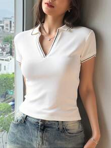 Playera camiseta polo dama mujer cuello tejido deportivo raya contraste manga corta puños contraste tejido acanalado escote V ajustado comodo ligero fresco verano - Hueso - Ver 1