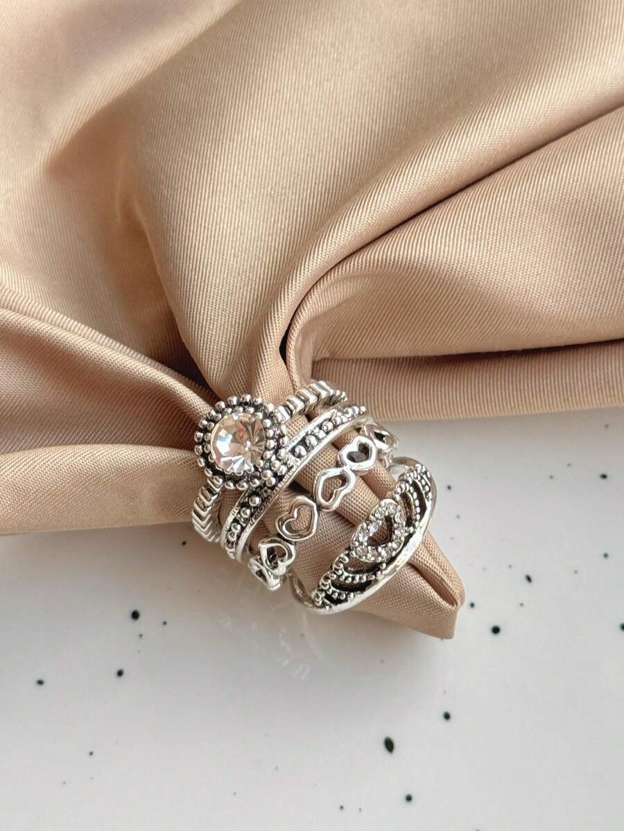 4 Pieces/Set Metal Material With Rhinestones Aged Silver Plated Women Ring Set - AN8202 8-8 - Xem 1