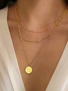 MONALLY 1件18K镀金奢华时尚金色几何圆形双层项链，优雅不锈钢首饰，女士夏季假日旅行海滩派对礼物 - 雙層項鍊 - 查看 6