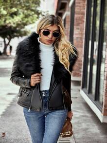 Risissida Women's Faux Leather Jacket For Autumn, Detachable Fur Collar, Motorcycle Style Jacket With Faux Fur Collar, Comes With Belt - Black - View 8