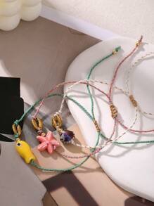 1PC Simple And Fashionable Ocean Style Copper Shell Resin Sea Fish Star Shell Freshwater Pearl Thin Hand Rope Female Beach Vacation Seaside Travel Party Summer Daily Dating Wear, Summer Versatile Models Hand Rope Jewelry Gift For Sisters Mother Girlfriends