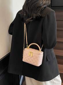 1 pieza Bolso de diseño tipo caja con patrón de rombo BEIKAMU, nuevo monedero y portalipstick, elegante y chic bolso de hombro cruzado con cadena