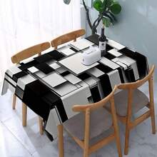 Geometric Printed Polyester Tablecloth, Rectangular, Black, White And Gray Plaid Design, Woven, Durable, Suitable For Dining Tables And Coffee Tables, Suitable For Holidays, Modern Table Accessories, Monochrome Decor, Smooth Texture - Black - View 10