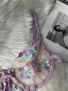 女士性感内衣套装，优雅蕾丝女士紧身胸衣泰迪内衣 3 件套，带吊袜带，Rave - 紫色 - 查看 6