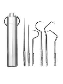 8pcs Metal Reusable Toothpicks Set, Includes 3 Long Toothpicks, 3 Short Toothpicks, 1 Dental Floss, Portable Carrying Tube. Compact Size And Lightweight Stainless Steel Design For Easy Storage In Pocket, Bag Or Travel Kit. Alternative To Disposable Options, Easy To Clean.