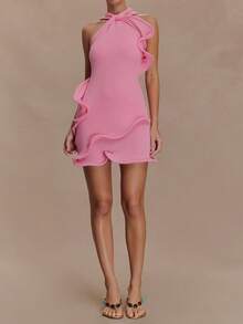 Women Knitted Halter Mini Dress Sleeveless Crochet Ruffle Edge Bodycon Short Dresses Y2k Beach Coverup Sundress - Hồng - Xem 1