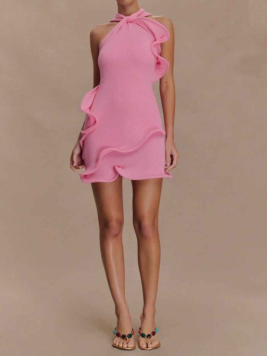 Women Knitted Halter Mini Dress Sleeveless Crochet Ruffle Edge Bodycon Short Dresses Y2k Beach Coverup Sundress - Hồng - Xem 1