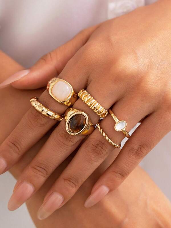 6pcs/Set Boho Retro Multilayer Glass Rhinestone Embellished Rings, Chunky Jewelry Set For Women, Daily Wear And Vacation Decoration, Ideal Gift For Friends