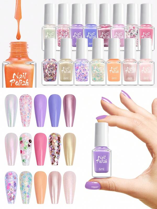5pcs Macaron Candy Color Nail Polish Set, Spring/Summer Manicure Gradient Design, Colorful Solid Color, Pearl, Glitter Mixed, Water-Based Nude Glitter Nail Polish, Suitable For Women/Girls Nail Art Salon, DIY, Festival, Party, School Performance Accessories, Gift