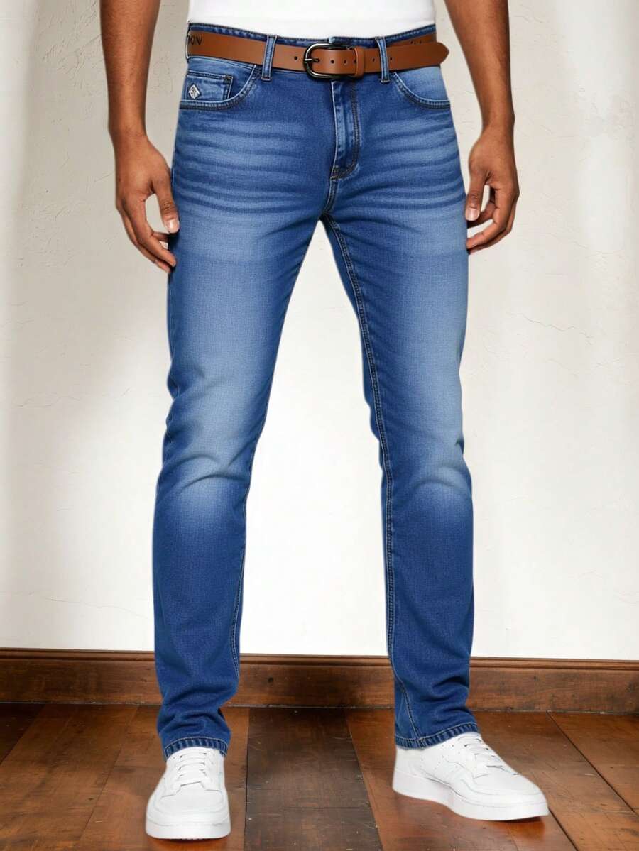 Herren Jeans - Kostengürtel enthalten - Slim Fit Jeans - Gerade Bein Jeans - Stretch Jeans - Blaue Jeans - Herren Denimhosen - 4-Jahreszeiten vielseitige Jeans - Jugend Lässige Hose, Straßenstil, Komfortable Hose, Jeans mit Gürtel, Hochgeschnittene Jeans, Business-Casual Jeans, beinschmeichelnde Herrenhose