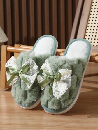 Autumn/Winter Cute Girl Lace Bowknot House Slippers, Indoor Lightweight Quiet Non-Slip Warm Fluffy Plush Home Slippers For Women