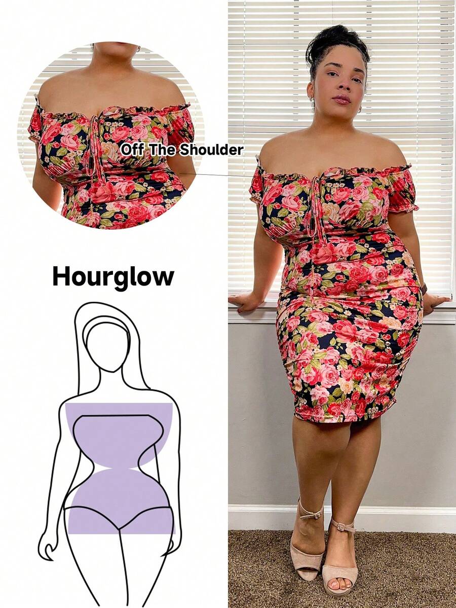 Hourglow Cardis.Ego Plus Size Strapless Ruffled Bodycon Allover Print Dress With Waist Tie, Elegant And Charismatic, For Summer, For Hourglass Body Shape - Multicolor - View 1