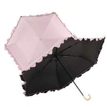 Wisteria-Woven Lace Tri-Fold Umbrella, Black Rubber Sun And Rain Protection Umbrella