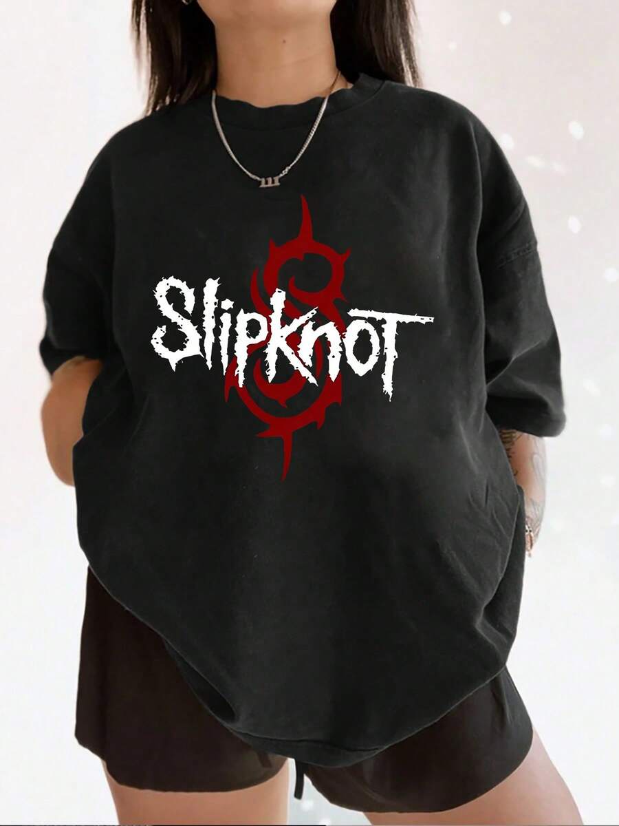 Playera informal de verano para mujer con estampado de estilo rock and roll y heavy metal, cuello redondo y mangas cortas, 100 % algodón, 220 g de algodón grueso. - Negro - Ver 1