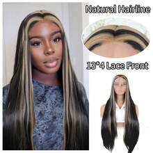 Peluca con frente de encaje sintético largo y liso de 13*4 pulgadas de color azul claro, peluca sin pegamento lista para usar, pelucas de encaje de cabello azul claro para mujeres para fiestas y cosplay - Multicolor - Ver 21