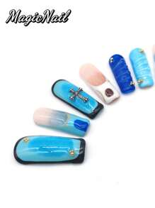 10 Pieces Of Pure Hand-Pressed Wearable Nail, Press On Nails,Nail Supplies,Nails Ptess On,Beach Essentials,33mm Long Nail Pieces, Blue Gradient, Pink And White Contrasting Color, Metal Cross Ornaments, Hand-Painted Gold Lines, Raised Lines Decoration