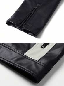 Men's Colorblock Stand Collar PU Leather Jacket, Fashion Biker Motorcycle Jacket, Spring/Autumn