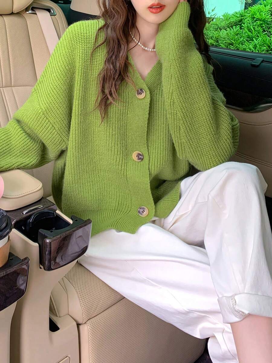 经典简约纯色V领开衫，百搭款式，长袖上衣 - 綠色 - 查看 1