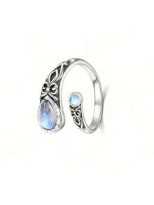 1pc Vintage Bohemian Moonstone Adjustable Open Ring With Spoon & Design - Antique Silver - 查看 4